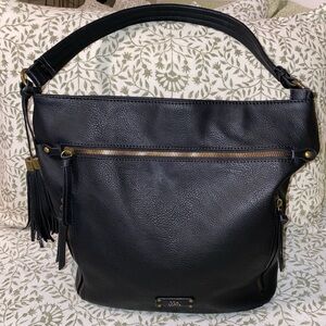 Black Leather Shoulder Hobo Bag with Tassel Accent